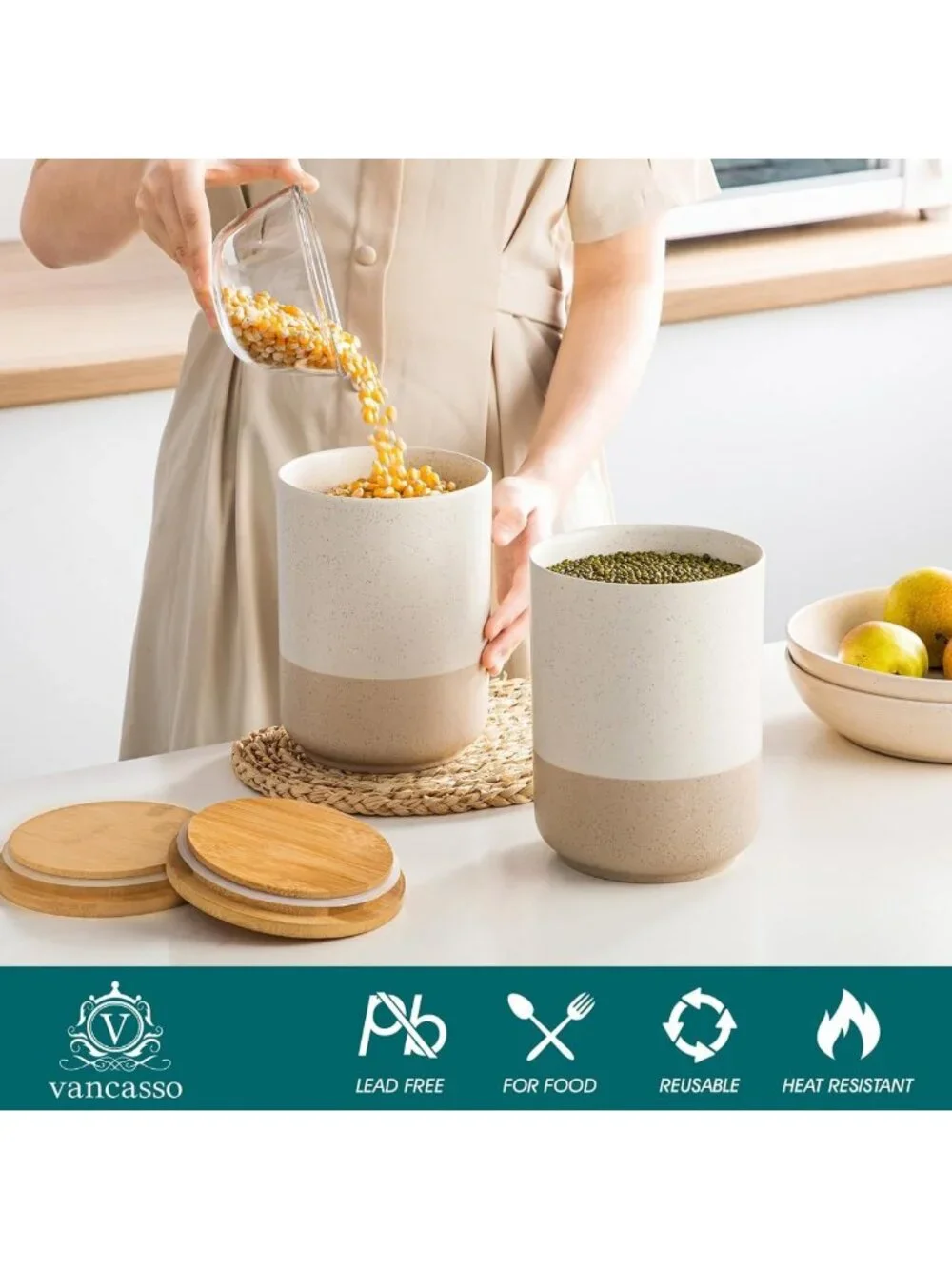 Large Ceramic Canister Set with Airtight Wood Lids - 2-Piece Kitchen Storage
